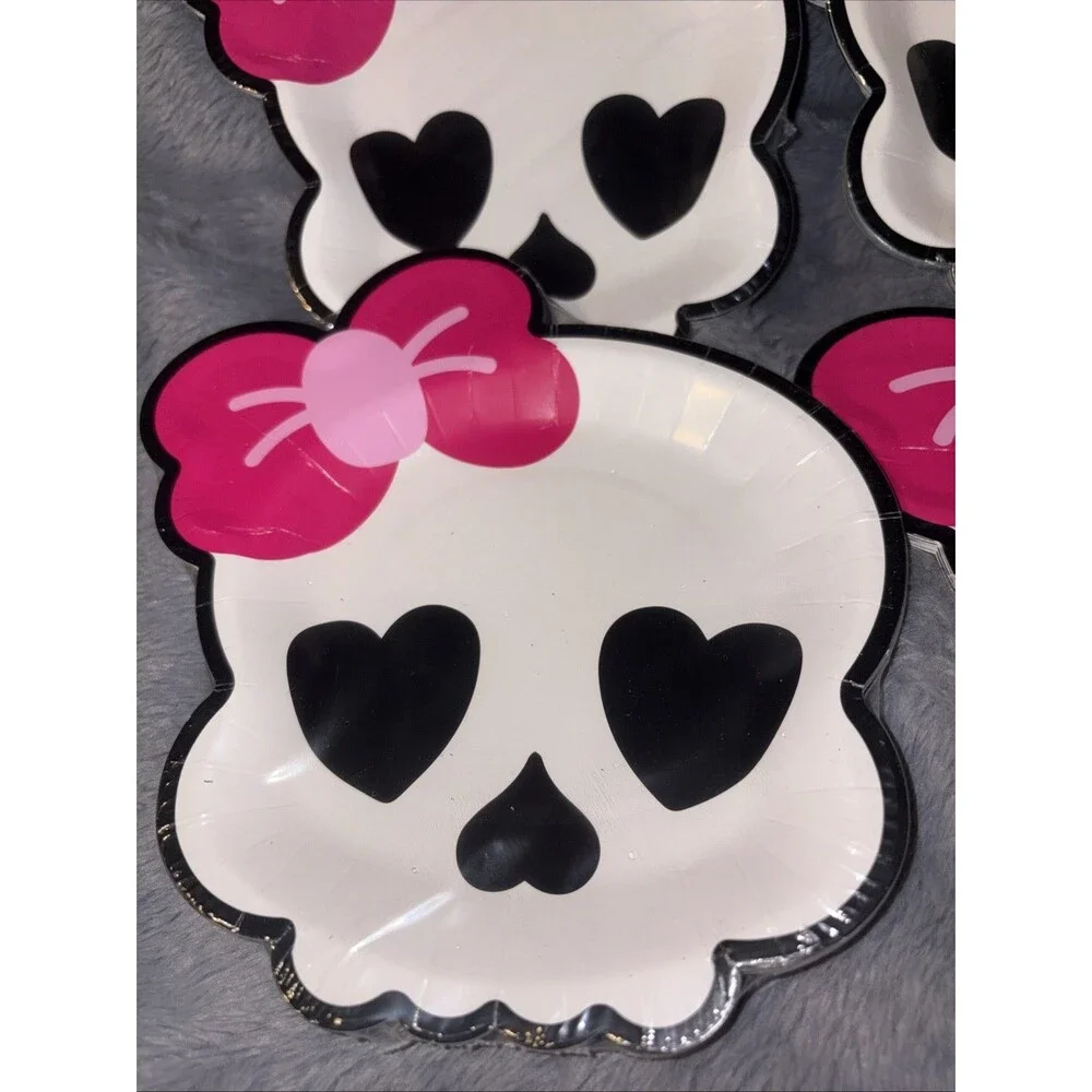 Halloween Skull Paper Plates With Pink Bow  6.7 x 7.2 In Pack Of 12 Lot Of 4 Pls